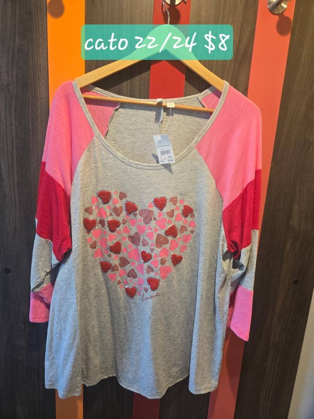 Cato Pink & Gray Heart Graphic Raglan Top
